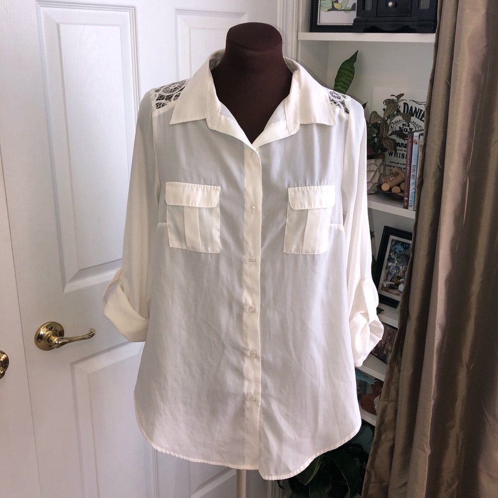 New Directions Button-Down Blouse with Lace Detail